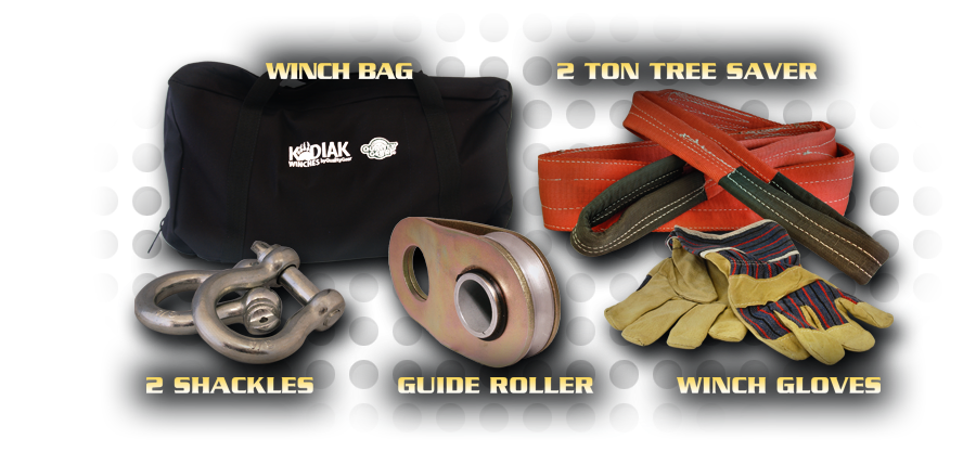 Includes: 1 Winch Bag, 2 Ton Tree Saver, 2 Shackles, 1 Guide Roller, 2 Winch Gloves